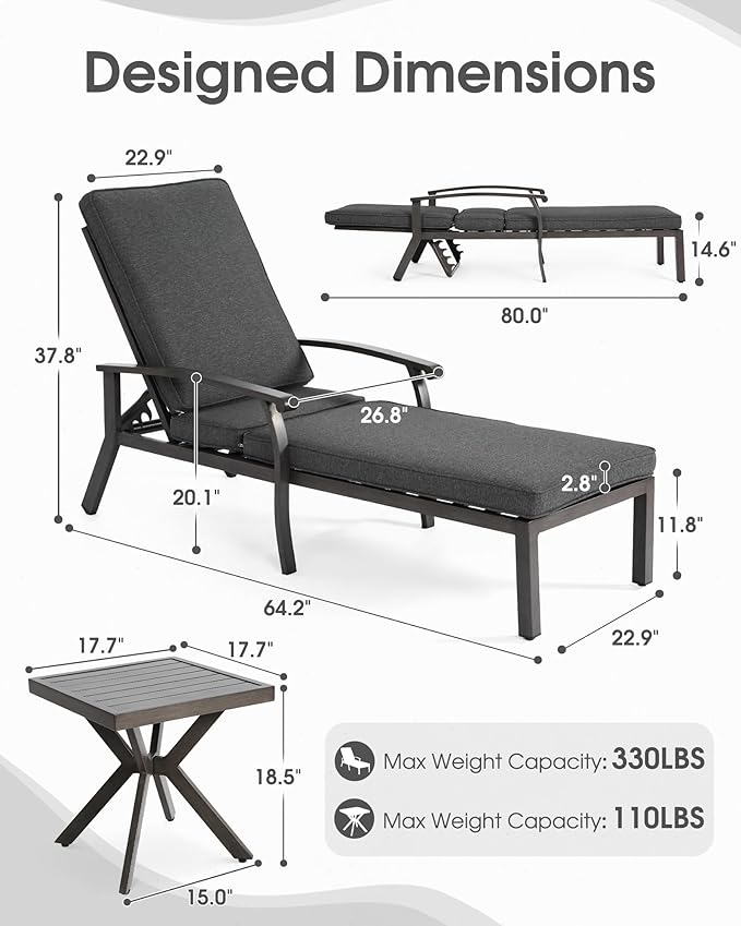 HOMEFUN Outdoor Chaise Lounge Chair 3-Piece Set, Hand-Brushed Wood Grain Cast Aluminum Recliners with Side Table - Photo 2