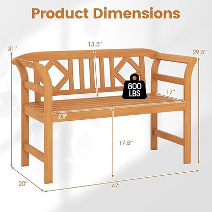 RELAX4LIFE Acacia Wood Outdoor Bench - 2 Person Patio Loveseat with Backrest and Armrests, 47 inch Garden Bench for Backyard, Porch, Lawn and Poolside, 800 lbs Weight Capacity