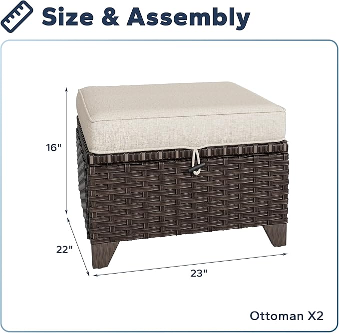 2 Pieces Patio All-Weather Wicker Ottomans with Cushions, PE Rattan Outdoor Conversation Furniture Set for Backyard - Photo 2
