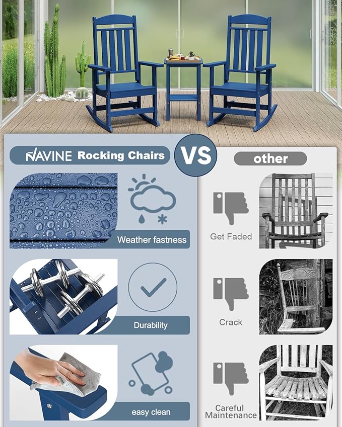3-Piece Outdoor Rocking Chair Set, Oversized Porch Rocking Chair Set of 2 with Side Table, HDPE High Back Patio Rocking Chair, Suitable for Patio, Porch, Backyard, Navy Blue