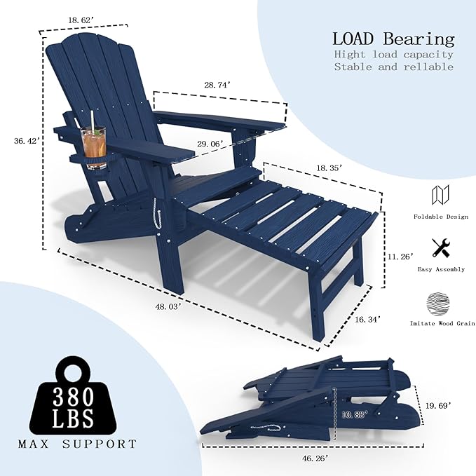 Adjustable Adirondack Chairs with Retractable Ottoman, HDEP Folding Adirondack Chair with Footrest & Cup Holder, All Weather Fire Pit Chair for Outdoor,Navy Blue
