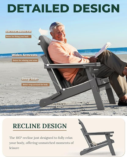 BRIOPAWS Folding-Adirondack-Chairs Set of 4 | HDPE | Fire Pit Chair | Cup Holder | Weather Resistance | Grey | for Outdoor Backyard Deck Patio