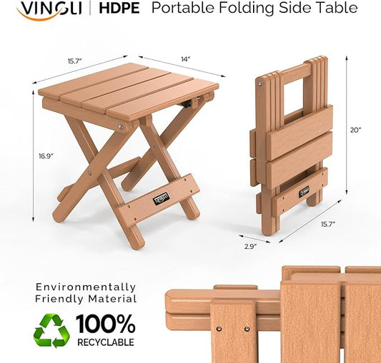 VINGLI Small HDPE Folding Side Table, Plastic Waterproof Portable Adirondack Coffee End Tables, All Weather for Patio, Backyard, Pool, Indoor Use, Slats Style, Teak
