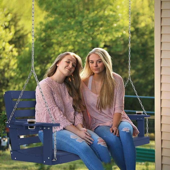 Plawdlik Porch Swings,2 Seat Patio Chair with Two Cup Holders,HDPE Waterproof Bench for Courtyard-Navy Blue - Photo 2