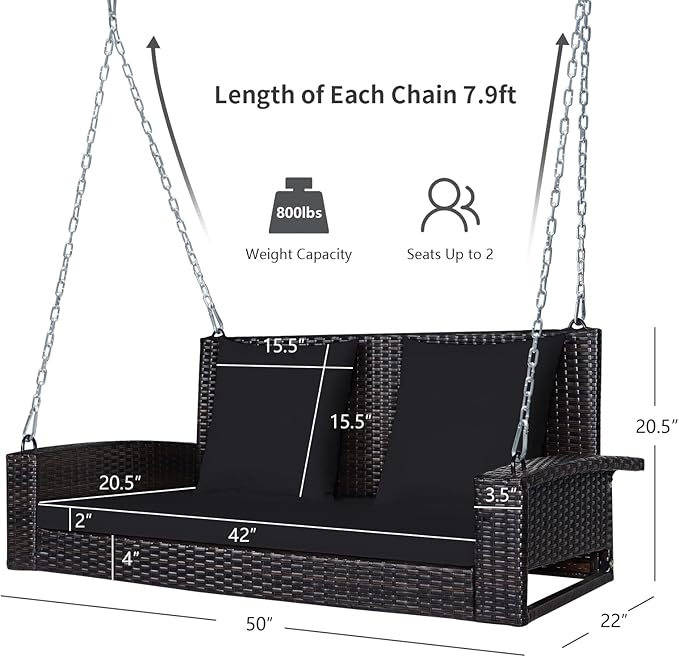 RELAX4LIFE Porch Swing 2-Seat Patio Rattan, Wicker Porch Swings Outdoor W/Two 7.9 Ft Solid Steel Chain - Photo 7