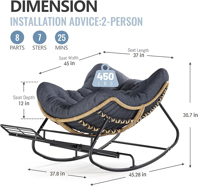 SWITTE Papasan Rocking Chair with Adjustable Footrest, Oversized Wicker Zero-Gravity Outdoor Rocker with Cushion, All-Weather Lounge Chair for Patio, Living Room-Dark Grey