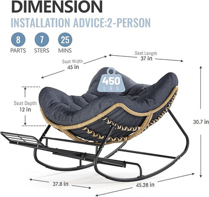 SWITTE Papasan Rocking Chair with Adjustable Footrest, Oversized Wicker Zero-Gravity Outdoor Rocker with Cushion, All-Weather Lounge Chair for Patio, Living Room-Dark Grey