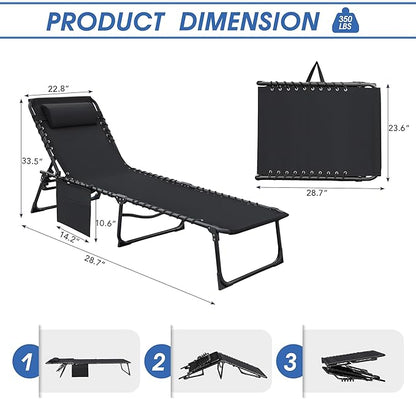 Flamaker Foldable Chaise Lounge Chair 5-Position Adjustable, Tanning Chair with Side Pocket, Outdoor Sunbathing for Pool, Beach, Patio, Lawn, Indoor Recliner Chair for Napping(Black, 1 Pcs)