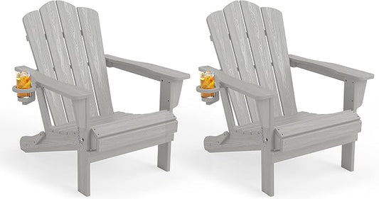 KINGYES Folding Adirondack Chair Set of 2, HDPE All-Weather Patio Chairs with Cup Holder, Wooden Textured Fire Pit Chairs for Poolside, Backyard, Deck, Silver Grey
