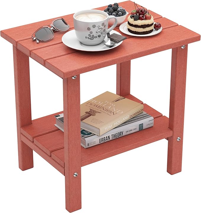 Outdoor Side Table, 2-Tier Small Outdoor Table for Patio, Adirondack Side Tables for Outside or Indoor, Patio End Table for Pool, Porch, Weather Resistant Easy Maintenance-Red
