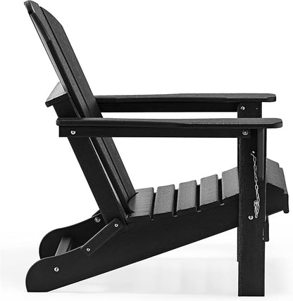 WO Home Furniture 3pc Set - HDPE Poly Adirondack Chair with Ottoman/Footrest and Square Side Table, All Weather and UV Resistant for Outdoor Patio Backyard, Garden, Black