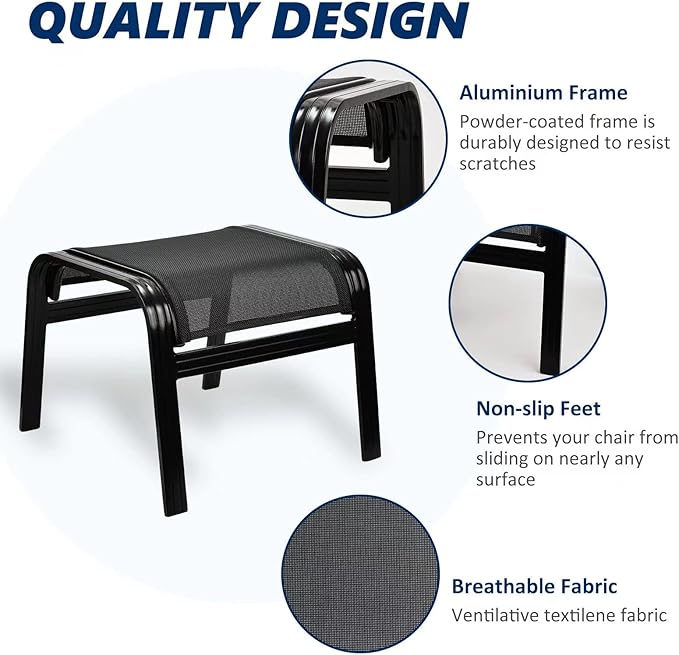 Patio Outdoor Ottoman Assembled Aluminum Footstools Small Seat Side Table Footrest for Balcony, Poolside 2 Set Black - Photo 5