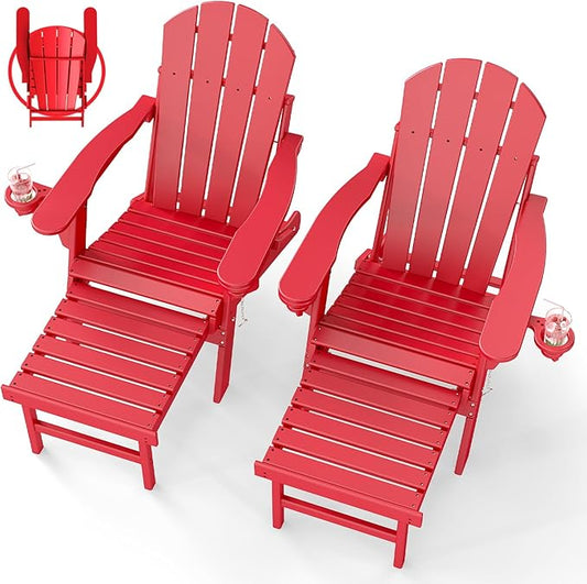 BRIOPAWS Adirondack-Chairs-with-Pull-Out-Footrest | Set of 2 | Folding | HDPE Plastic | Fire Pit Chair | All Weather | Cup Holders | Curved Back | Retractable Ottoman | for Poolside Deck | Red