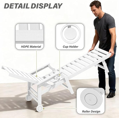 5-Position Adjustable Patio Chaise Lounge - 78'' HDPE Outdoor Lounger with Rolling Wheels & Cup Holder, Longer, Wider, Higher - Perfect for Poolside & Deck, White, 2pcs