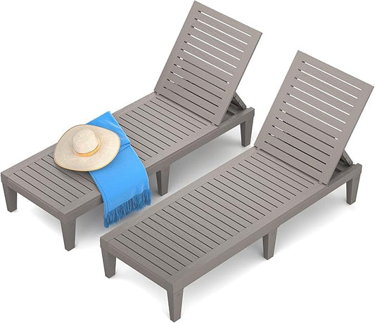 Chaise Lounge Chair Outdoor Set of 2 for Patio, Weather-Resistant Tanning Chair Recliner with Adjustable Backrest, Sun Lounger for Outside Deck, Pool, Poolside, Porch, Beach, Light Brown