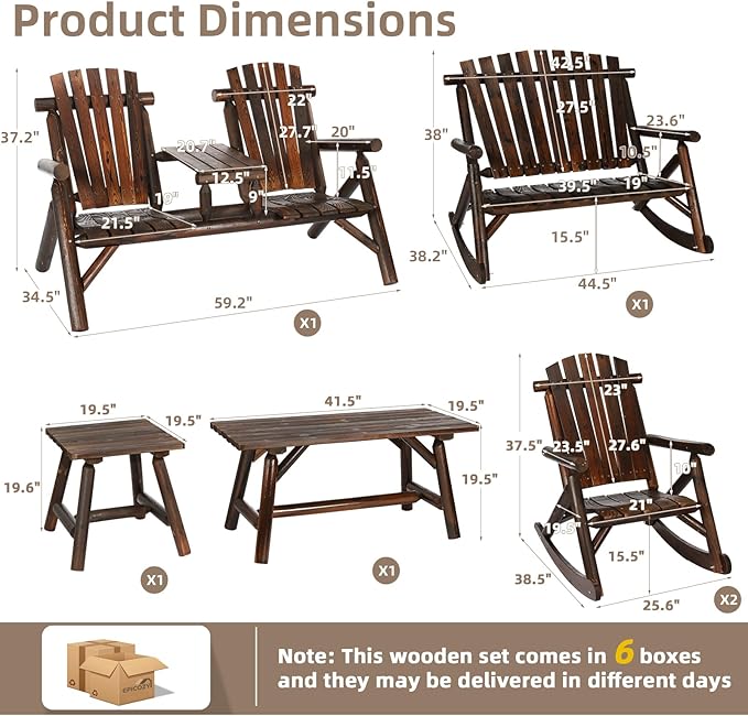 6-Piece Outdoor Wood Log Rocking Conversation Set, Patio Adirondack Furniture Set Including 2-Seater Loveseat, 2 Coffee Table, 2 Log Rocker Chair, Garden Bench & Built-in Table, Carbonized