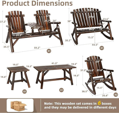 6-Piece Outdoor Wood Log Rocking Conversation Set, Patio Adirondack Furniture Set Including 2-Seater Loveseat, 2 Coffee Table, 2 Log Rocker Chair, Garden Bench & Built-in Table, Carbonized