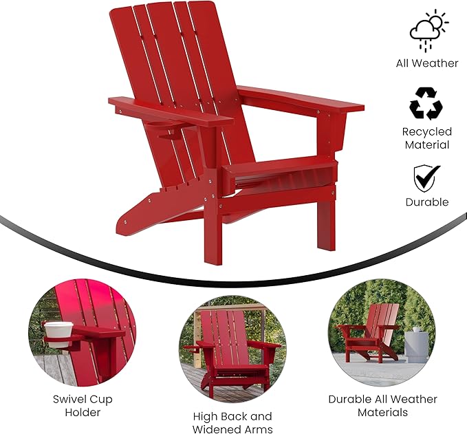 Flash Furniture Halifax Adirondack Chairs with Cup Holders, Weather Resistant Poly Resin Adirondack Chairs, Set of 4, Red