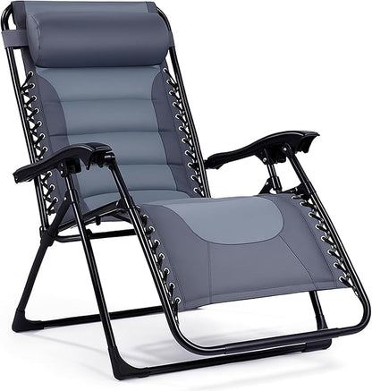 Backyard Expressions Deluxe XL Padded Recliner Zero Gravity Chair – Ergonomic Anti-Gravity Lounger with Folding Design, Side Tray, and Adjustable Headrest