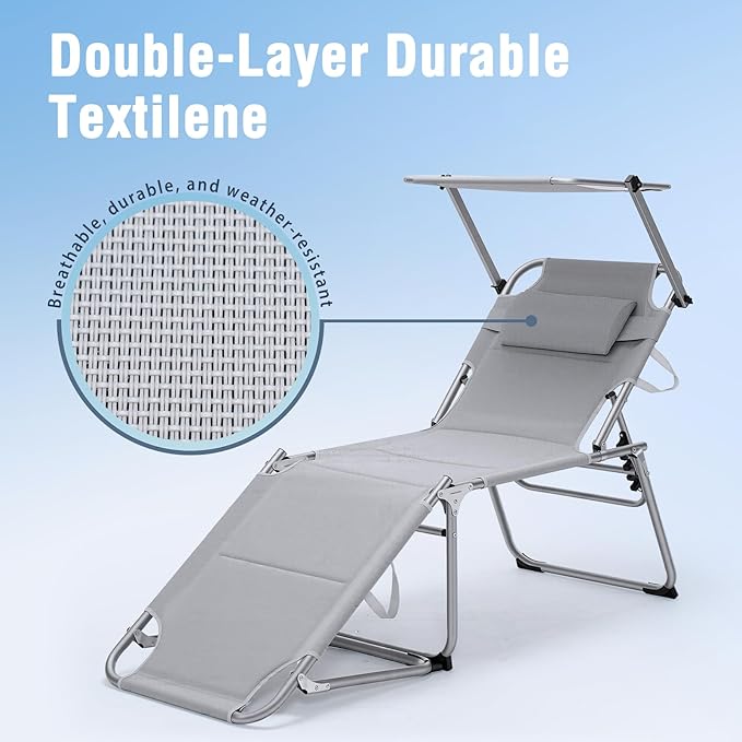 Unovivy Outdoor Lounge Chairs with Canopy Set of 2, Folding Tanning Chair with 5-Position Reclining Back - Photo 6