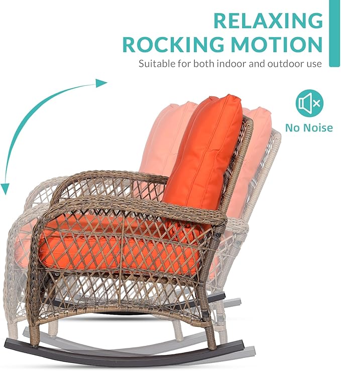 MEETWARM Outdoor Wicker Rocking Chair, Rattan Patio Rocker Chairs with Cushions and High Back, All-Weather Patio Wicker Chair with Safe Rocking Design for Garden Backyard Porch, Brown/Orange