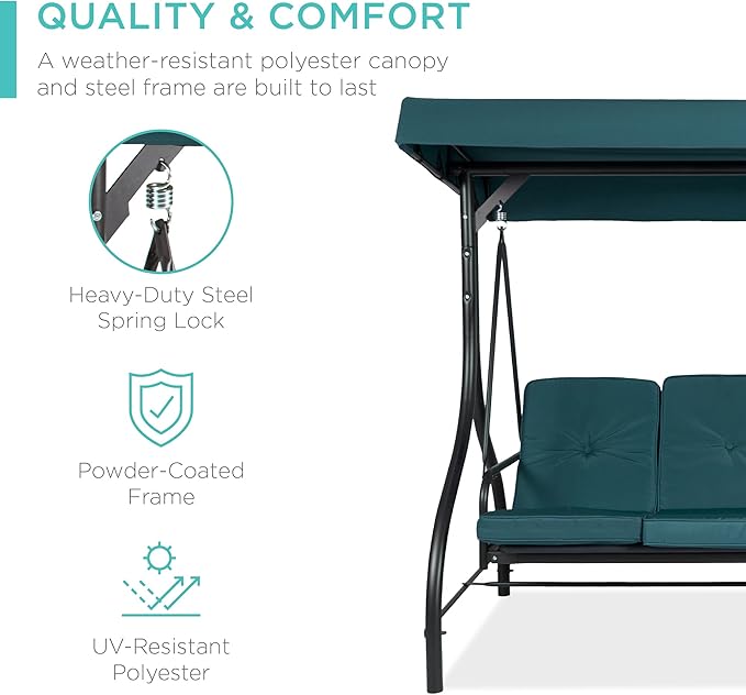 Best Choice Products 3-Seat Outdoor Large Converting Canopy Swing Glider, Patio Hammock Lounge Chair for Porch, Backyard w/Flatbed, Adjustable Shade, Removable Cushions - Peacock