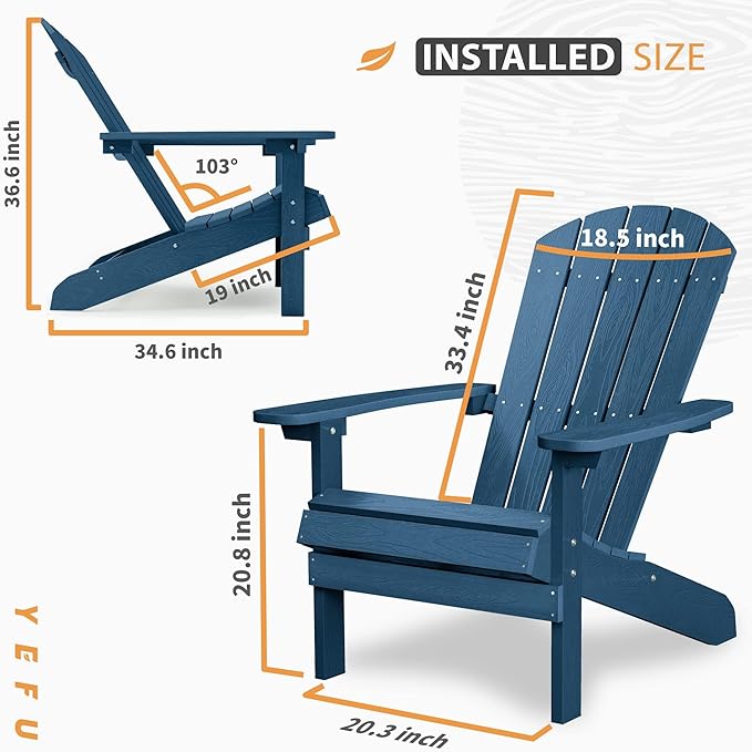 YEFU 3-Piece Adirondack Chair and Table Set: Outdoor Lounge Furniture Set - Outdoor Chair Plastic Weather Resistant with Wide Armrests for Patio Lawn Pool Porch Garden(Navy
