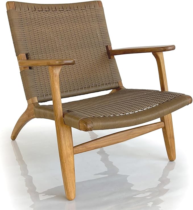 Indonesian Grade A Teak Wood Monterey Club Lounge Chair. Midcentury Modern Comfortable Design Chair Double handweaved Rope. Backyard, Poolside, Balcony Living Room. (TAN)