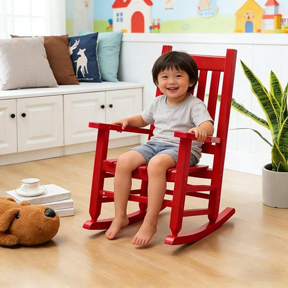 Kids Rocking Chair for Toddler and Children Comfy Recliner Wooden Rocker for Baby Girls Outdoor Lounge for Age 6-10 Indoor Anti-Tip Design Safe & Sturdy Red