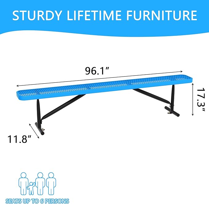 8 Ft Metal Park Benches for Outside, Outdoor Backless Bench with Thermoplastic Coating, Portable Frame, Commercial Expanded Metal Mesh Bench for Shopping Mall, Store, Park, Patio, Deck, Blue