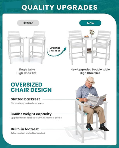SERWALL Tall Adirondack Chairs Set of 2 with Connecting Table, Balcony Adirondack Chairs Set, Outdoor Bar Height Barstools Chair Set for Bistro, Poolside, Garden, White
