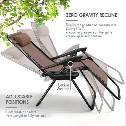 Nestl Zero Gravity Chairs, Portable Patio Lounge Chair Outdoor with Pillows & Cup Holder Trays, Adjustable Steel Mesh Reclining Camping Chair, Folding Patio Lawn Chair for Deck, Beach, Yard - Brown