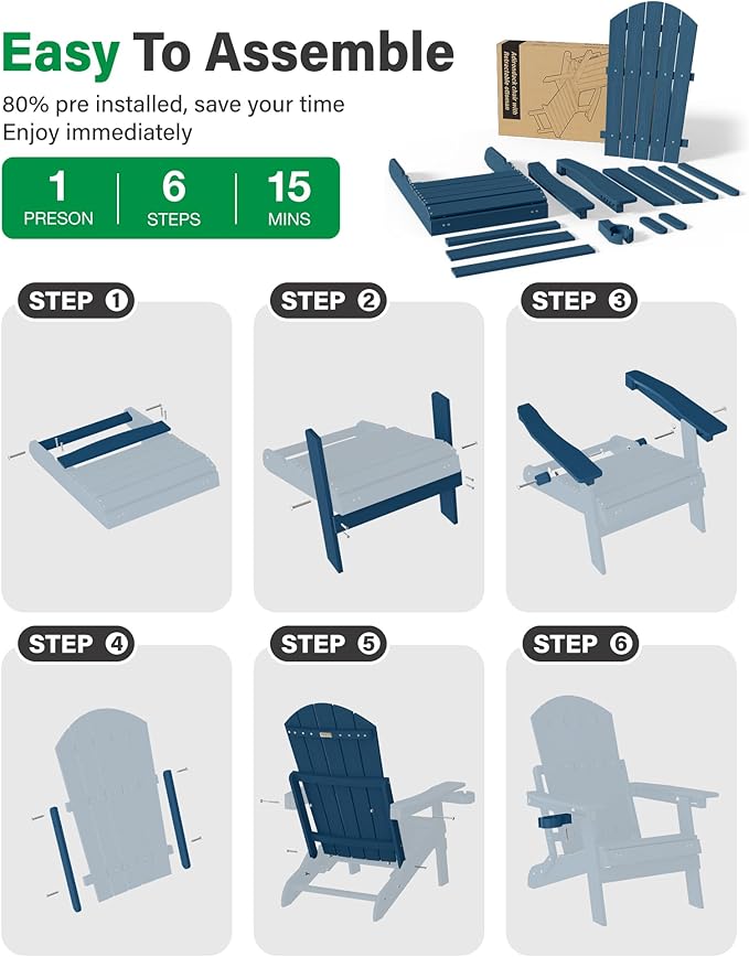 YEFU Adirondack Chair with Retractable Ottoman: Folding Adirondack Chairs Set of 2-5-Level Adjustable Backrest with Footrest - Fire Pit Chairs - Cup Holder - Outdoor Plastic Chair for Patio