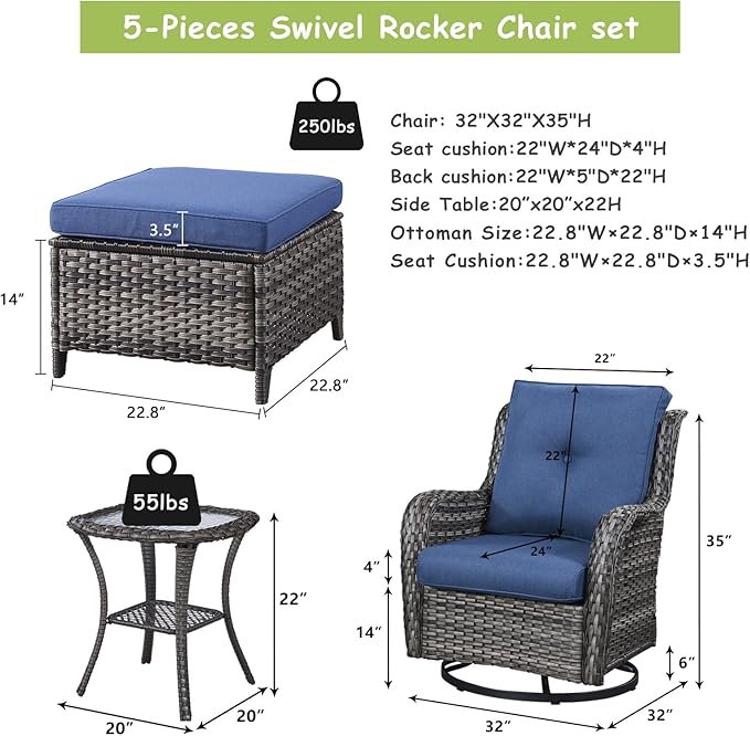 Rilyson Wicker Patio Furniture Set - 5 Piece Rattan Outdoor Sectional Conversation Sets with 2 Swivel Rocking Chairs - Photo 2
