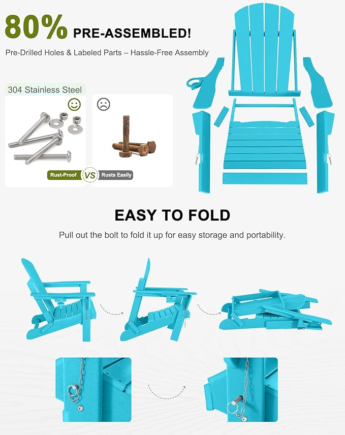 Folding Adirondack Chairs Set of 4- Plastic Adirondack Chairs with Cup Holder, Weather Resistant for Outdoor, Patio, Lawn, Garden, Backyard Deck, Fire Pit - Turquoise