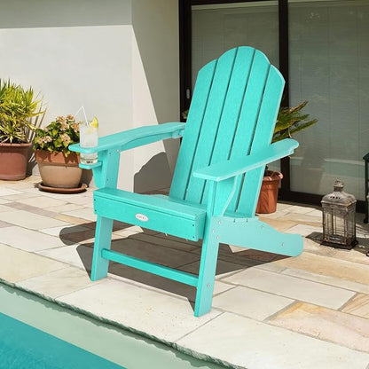 Tangkula Adirondack Chair Outdoor, Fade Resistant HDPE Armchairs with Cup Holder, Weather Resistant Lounger Chairs for Patio Garden Backyard Deck, Lawn Porch Seating, Adirondack Lounger (1, Turquoise)