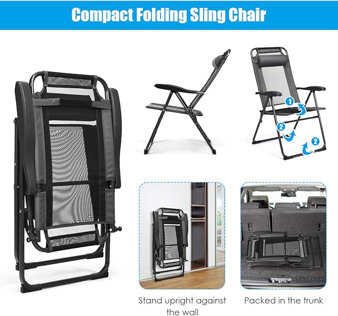 Giantex Set of 4 Patio Dining Chairs, Folding Lounge Chairs with 7 Level Adjustable Backrest, Headrest, 300 Lbs Capacity - Photo 4