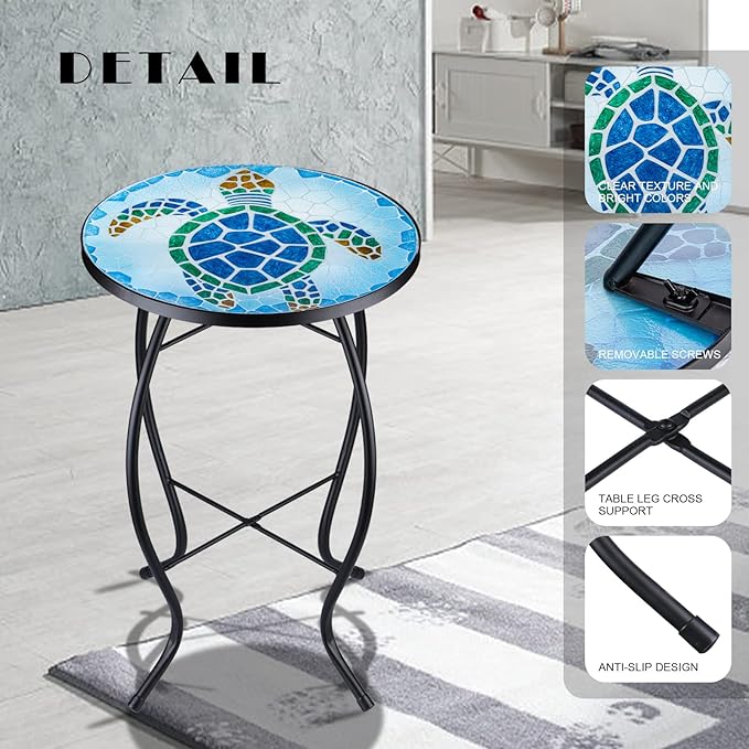 VCUTEKA Patio Side Table Outdoor Accent Table Bistro Coffee Table Plant End Table Small Porch Table Indoor Round Glass Balcony Plant Table Stands Sea Turtle 12''