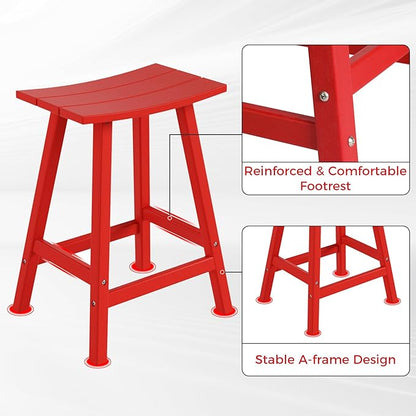 Costaelm All-Weather Bar Stools Set of 3, 24" Height Outdoor Bar Stools, Adirondack Poly Patio Bar Stool for Patio, Deck, Kitchen Counter and Garden, Red