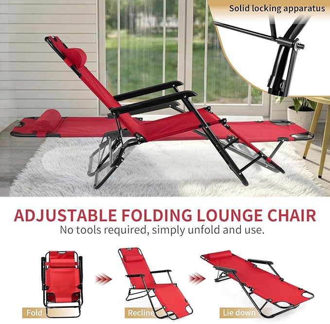 Outvita Folding Chaise Lounge Chair, Outdoor Adjustable Recliner Chair with Pillow for Camping, Beach, Poolside, Garden, Backyard, Lawn