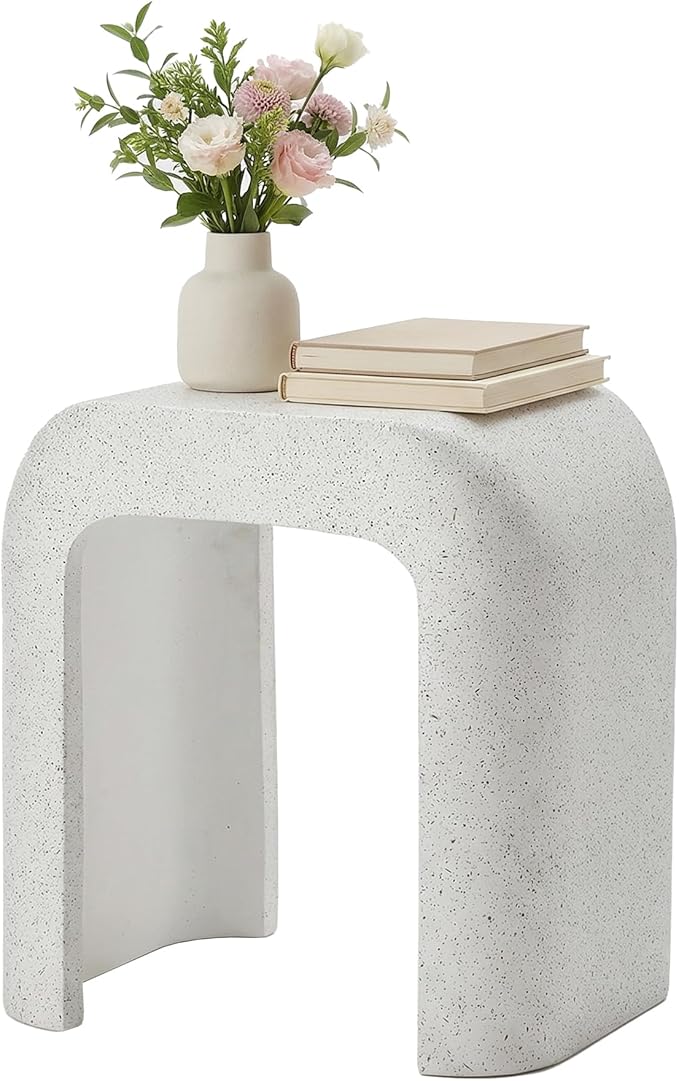COSIEST White Outdoor Side Table, 17.7" Modern Concrete End Table with Arched Open for Patio, Small Outside Accent Table & Plant Stand for Garden, Porch, Deck, Balcony