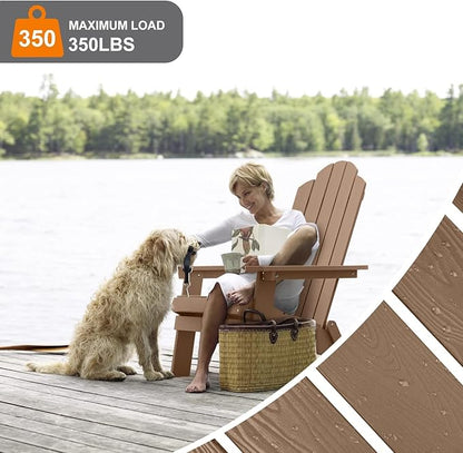 MXIMU Folding Adirondack Chair Set of 8 Weather Resistant Fire Pit Chairs Easy Assemble HIPS Plastic Outdoor Modern Adirondack Chairs for Patio, Lawn, Garden, Backyard, Deck（Teak）