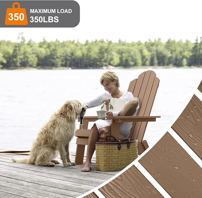 MXIMU Folding Adirondack Chair Set of 2 Weather Resistant Fire Pit Chairs Easy Assemble HIPS Plastic Outdoor Modern Adirondack Chairs for Patio, Lawn, Garden, Backyard, Deck（Teak）