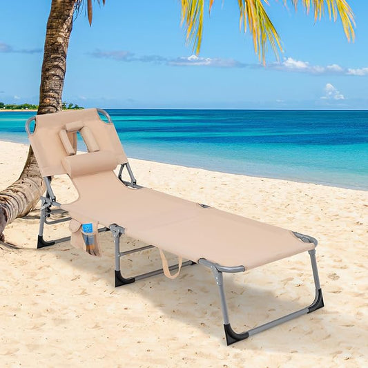Goplus Tanning Chair, Folding Adjustable Patio Lounge Chair with Face Hole, Removable Pillow, 330LBS, Carry Strap, Outdoor Sunbathing Chair, Lightweight Portable Beach Lounge Chair, No Assembly
