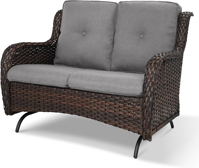 Patio Loveseat Wicker Loveseat Rattan Glider Sofa with Curved Armrest Thicking Back & Seat Cushions for Garden Balcony Backyard Brown Wicker|Grey Cushions (A) Patio Loveseat Glider