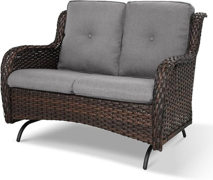 Patio Loveseat Wicker Loveseat Rattan Glider Sofa with Curved Armrest Thicking Back & Seat Cushions for Garden Balcony Backyard Brown Wicker|Grey Cushions (A) Patio Loveseat Glider