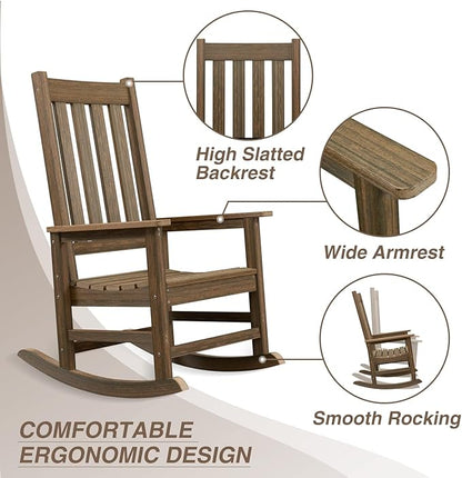 Outdoor Rocking Chair Set of 4, HDPE Oversized Patio Rocking Chairs, Weather Resistant, 350lbs Heavy Duty Porch Rocker with High Back for Backyard, Fire Pit, Garden and Indoor (Bright Brown)