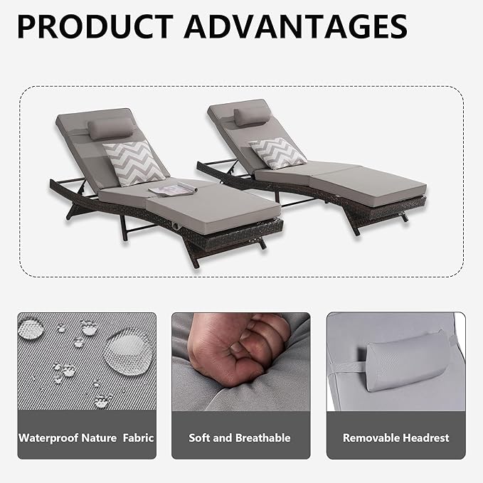 Outdoor Lounge Chairs Set of 2, Wicker Chaise Lounge Chair Pool Chaise Lounge - Photo 4