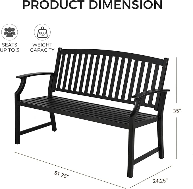 Grand patio 52" Farmhouse Outdoor Bench, Garden Benches with Anti-Rust Aluminum Powder Coated Frame, Faux Wood Grain Finish Frame Patio Bench for Front Porch, Black