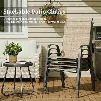 MAMIZO Patio Dining Chairs, Stackable All Weather Teslin Chair, Heavy Duty Outdoor Breathable Chairs Set, w/Armrests, Upgraded Chair FeetW/Strenthened Iron Spacers, 330 LBS (4, Brown)
